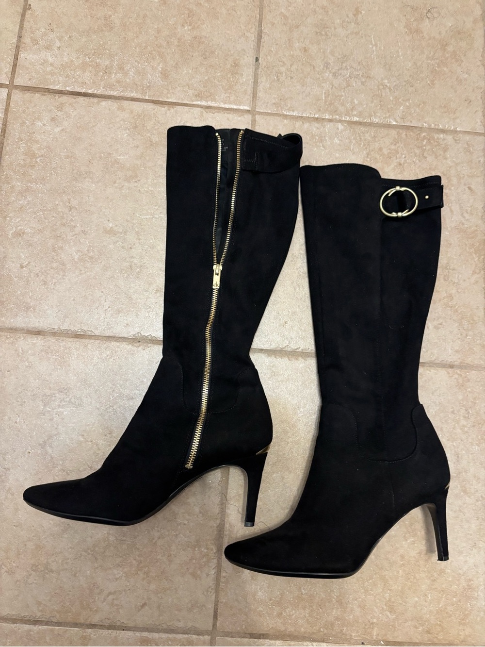 Calvin Klein Black Suede Over-the-Knee Boots with Gold Buckle